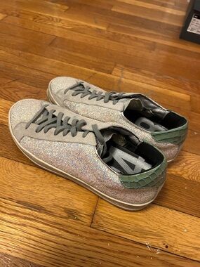 P448 Glitter Sneaker with Gray Laces and Green Heel